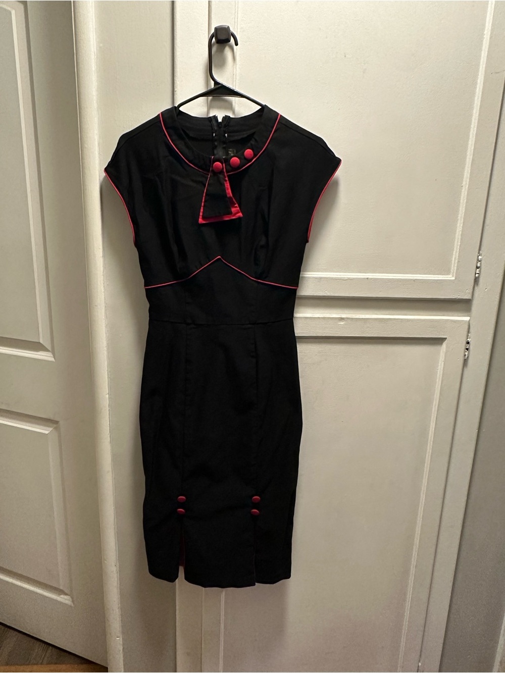 Black Sheath Dress with Red Trim and Buttons